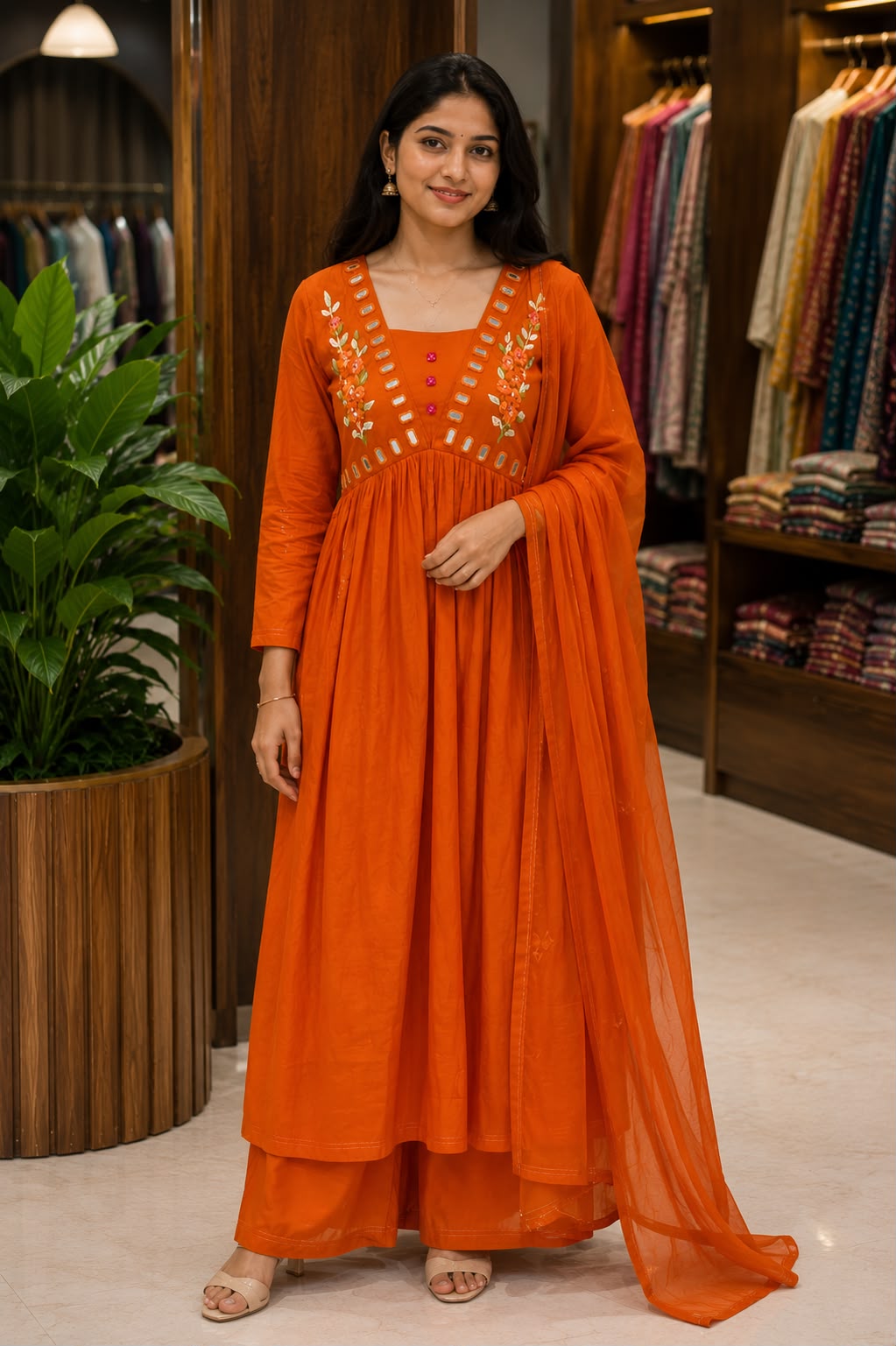 Vibrant Tone Real Mirror Floral Embroidery Alia-Cut A-Line Surat Mul-Chanderi Full Suit Set With Dupatta- 15792