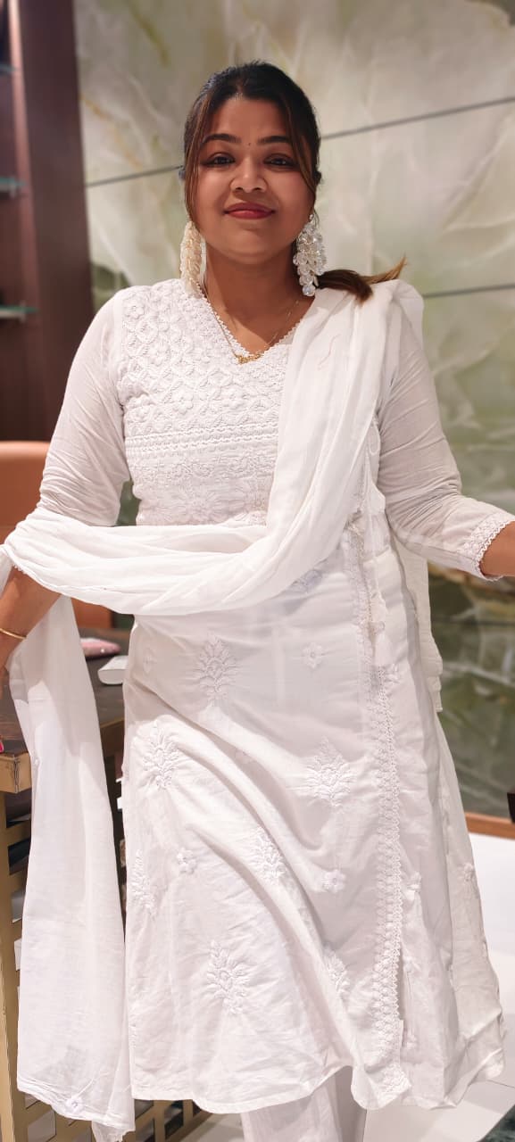 Angrakha Pattern Chikankari Thread Embroidered Cotton Full Suit Set With Dupatta- 15866
