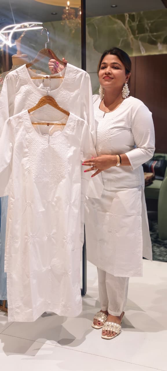 Flawless White Base Chikankari Embroidery Thick Cotton Long Kurti Only- 15869