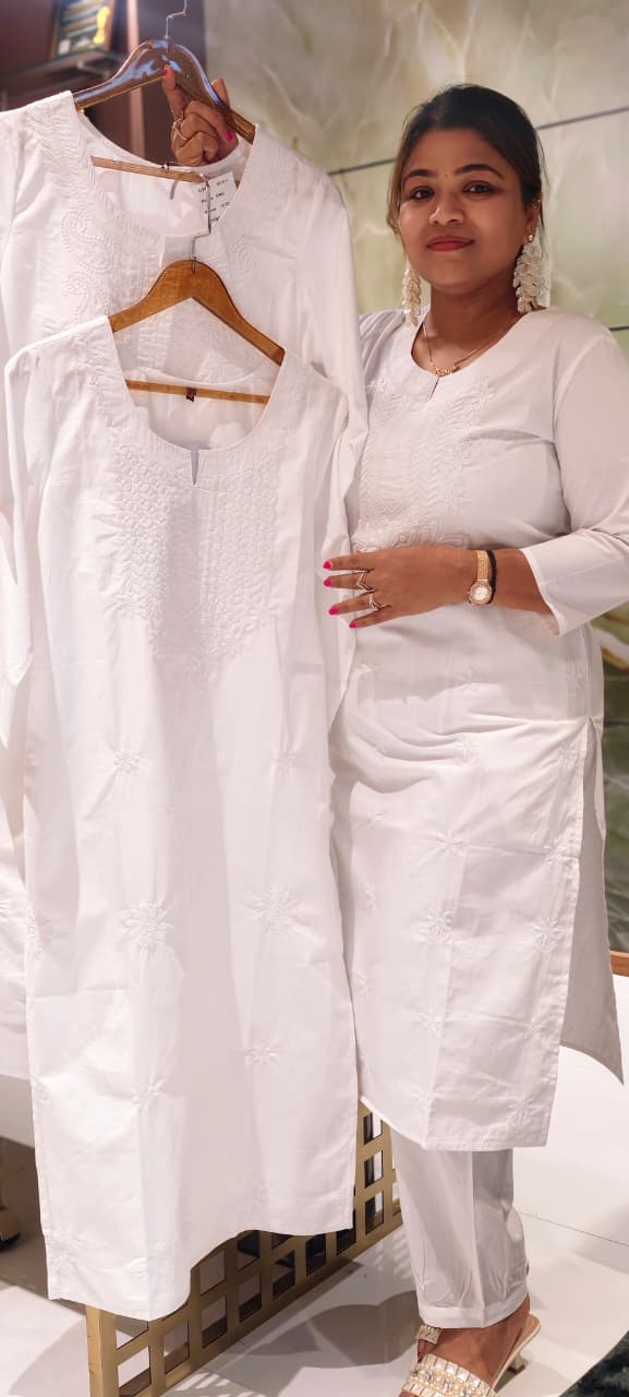 Flawless White Base Chikankari Embroidery Thick Cotton Long Kurti Only- 15869