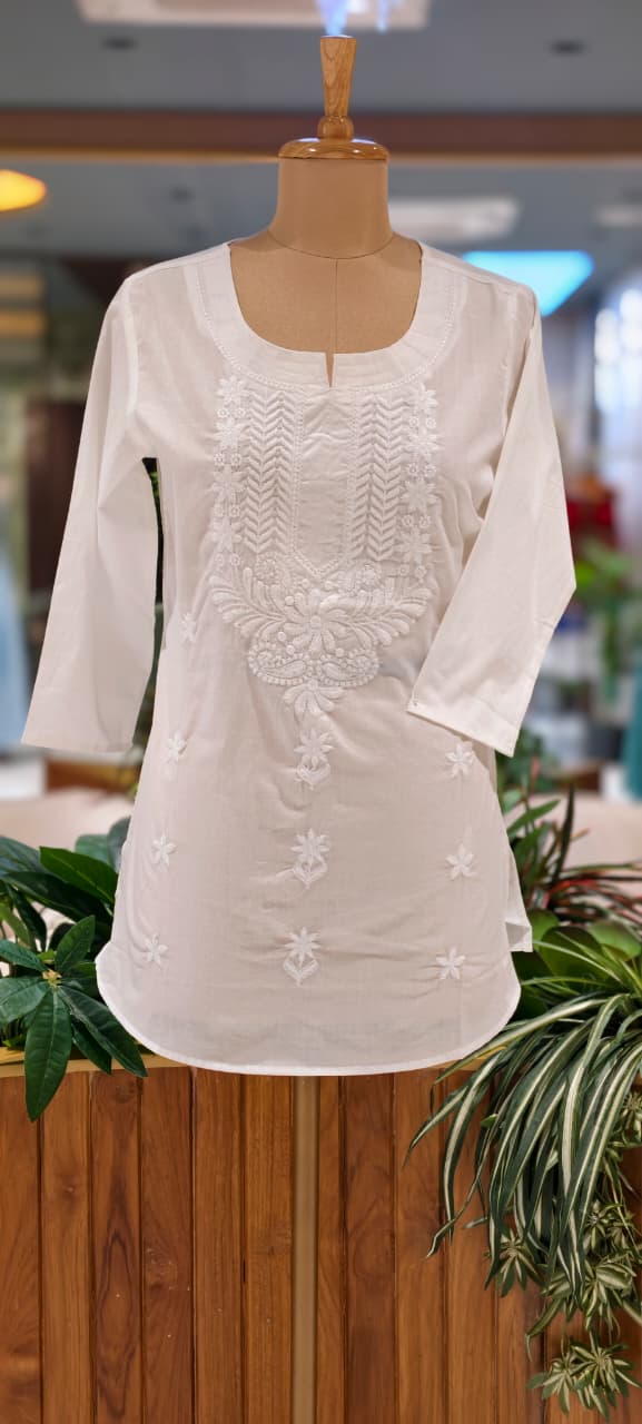 Ivory White Chikankari Casual Wear Cotton Kurti Only- 15872 (Thin Cotton)