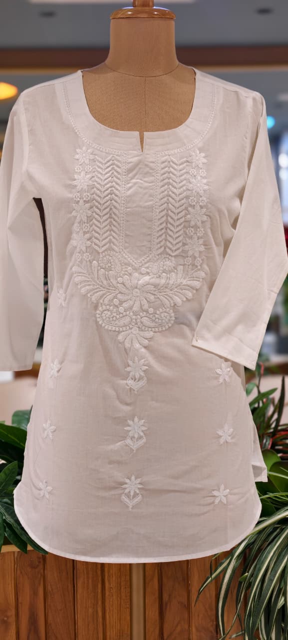 Ivory White Chikankari Casual Wear Cotton Kurti Only- 15872 (Thin Cotton)