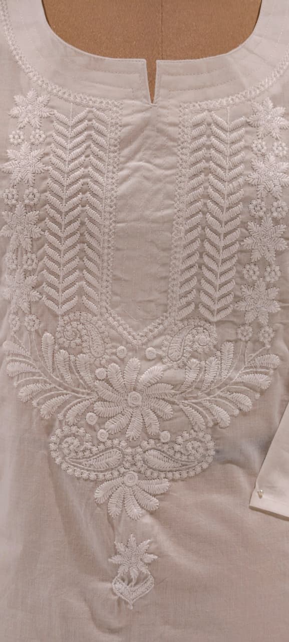 Ivory White Chikankari Casual Wear Cotton Kurti Only- 15872 (Thin Cotton)
