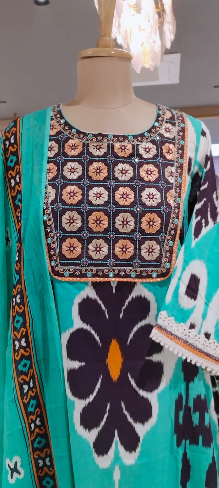 Giant Ikkat Prints Floral Embroidery Yoke A-Line Cotton Full Suit Set With Dupatta Code-12345