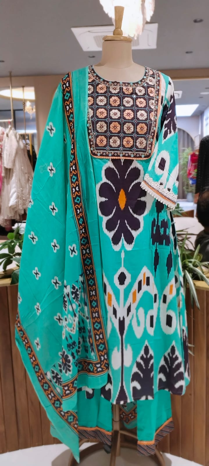 Giant Ikkat Prints Floral Embroidery Yoke A-Line Cotton Full Suit Set With Dupatta Code-12345