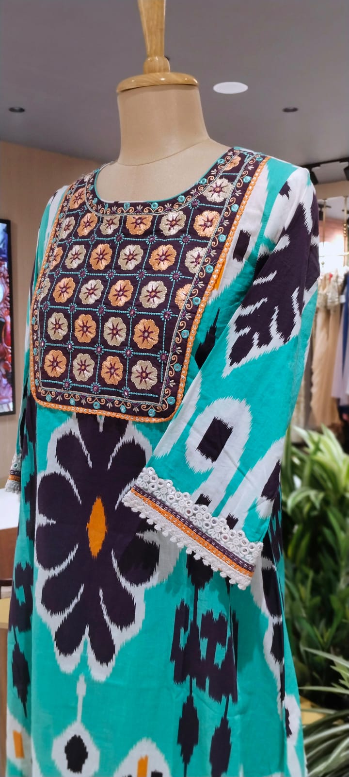 Giant Ikkat Prints Floral Embroidery Yoke A-Line Cotton Full Suit Set With Dupatta Code-12345