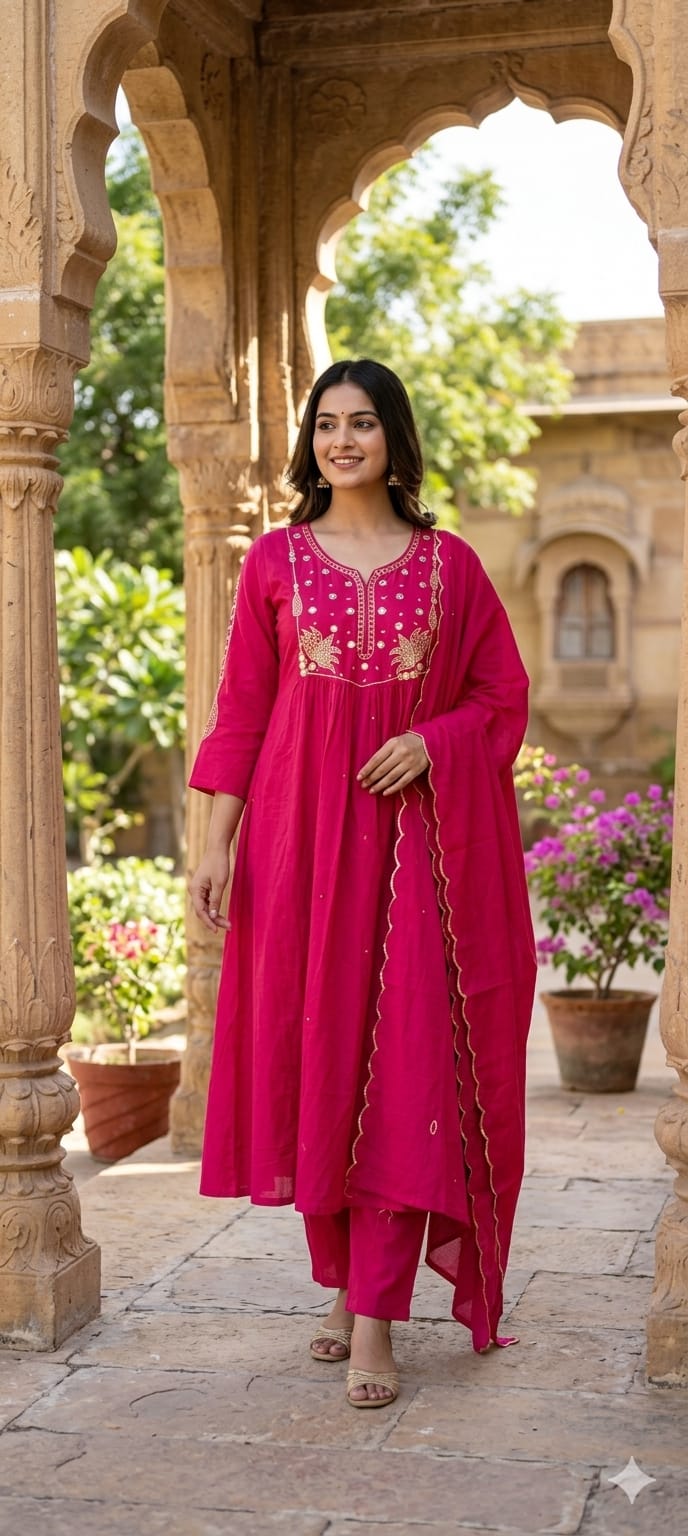 Graceful Pink Foil Embroidered Yoke Sili Cotton A-Line Full Suit Set With Dupatta-RB895
