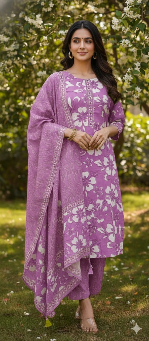 Floral Petal Printed Soft Cotton Full Suit Set With Dupatta RB896