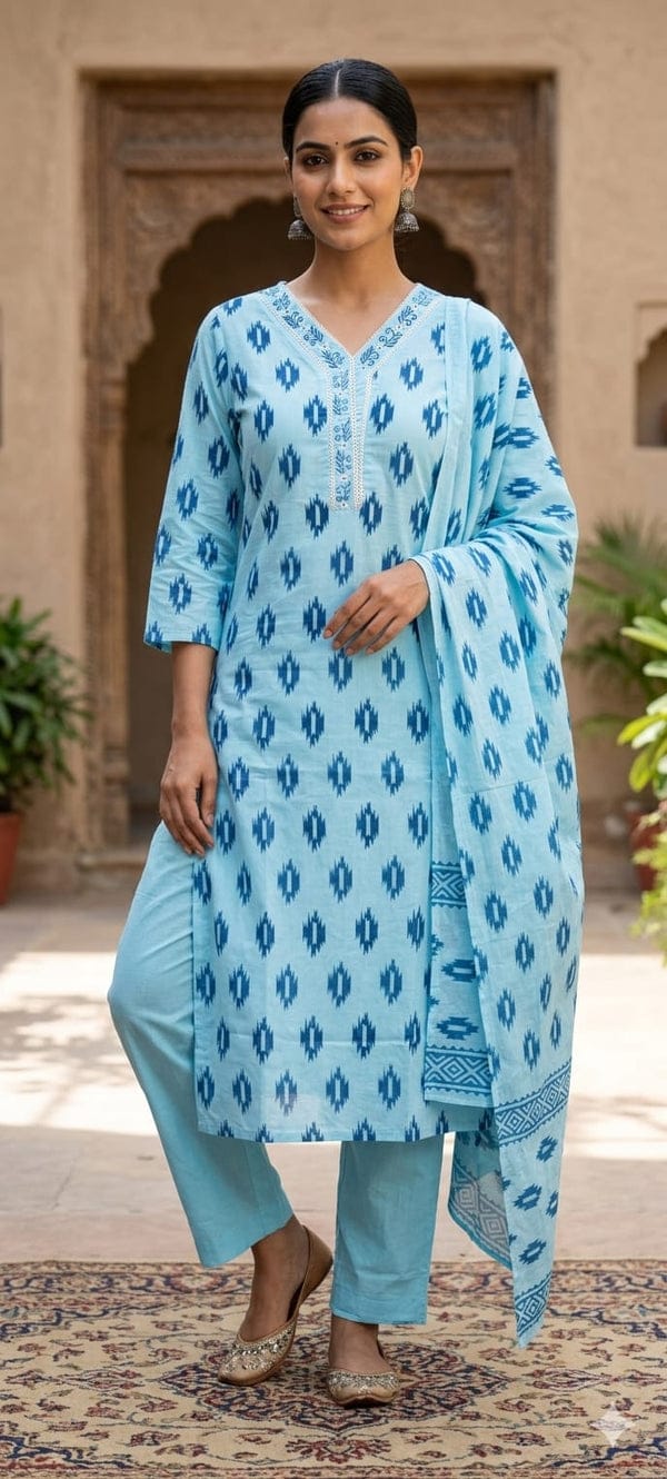 Ikkat Inspired Print Summer Soft Cotton Full Suit Set With Dupatta CODE-RB897