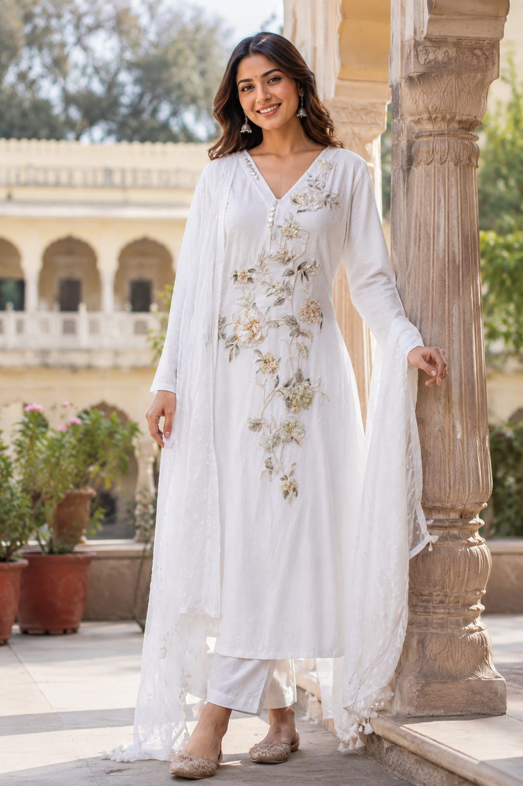 Imported Weavin Buttoned Neckline 3D Floral Embroidery Ivory White Full Suit Set With Dupatta- 15201