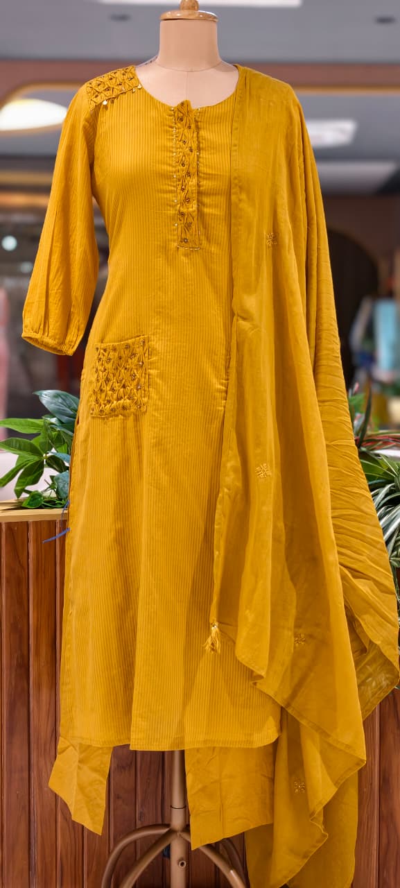 Pin-Tucks Style Pocket Look Mustard Shaded Cotton Straight Full Suit Set With Dupatta- 15214