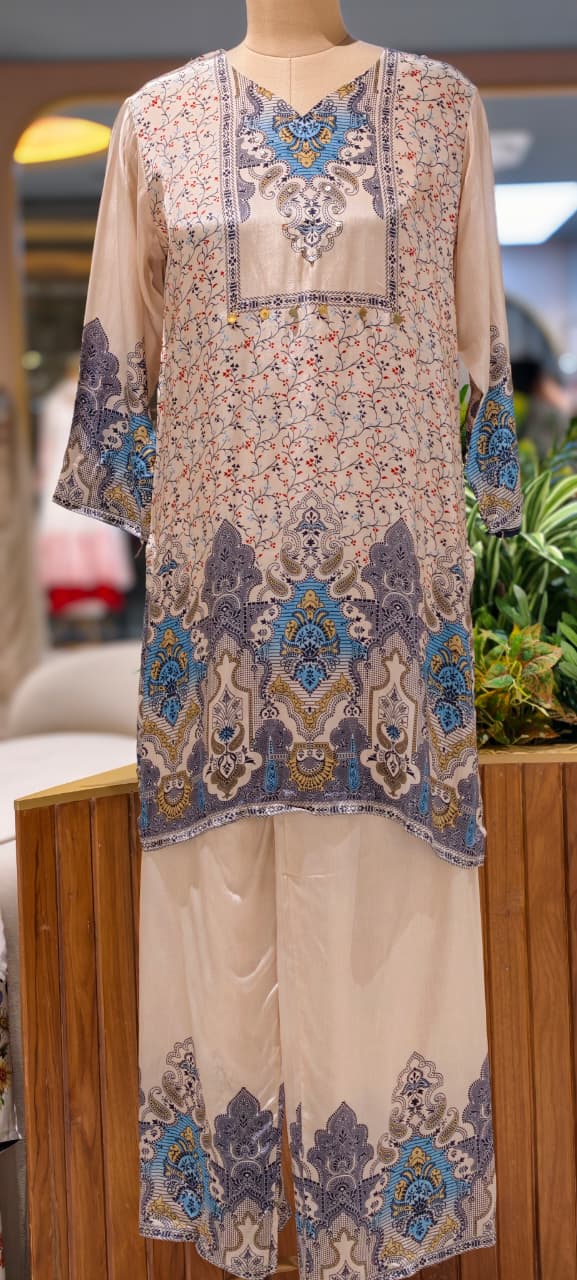 Artisnal Elegant Aqua Printed Flowy Crepe Casual Co-Ord Set- 15377