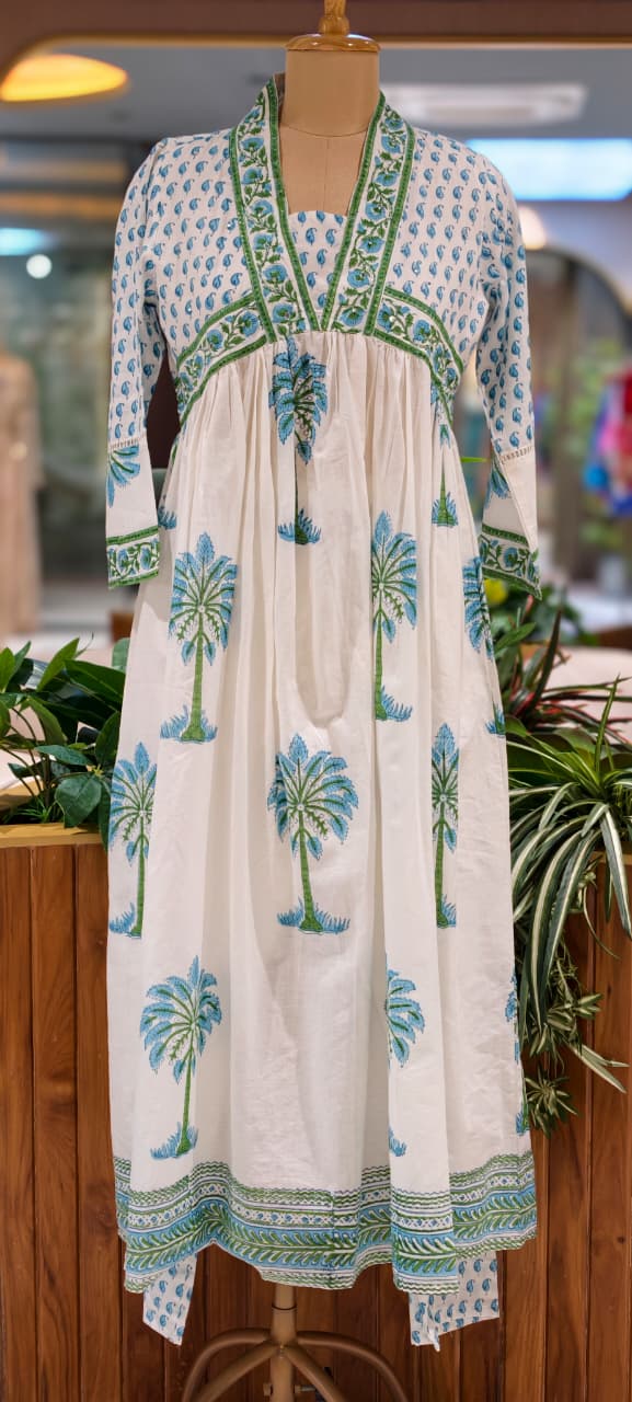 Elegant V-Neckline Alia-Cut Soft Cotton Anarkali Full Suit Set With Floral Block Prints- 15834, 15835
