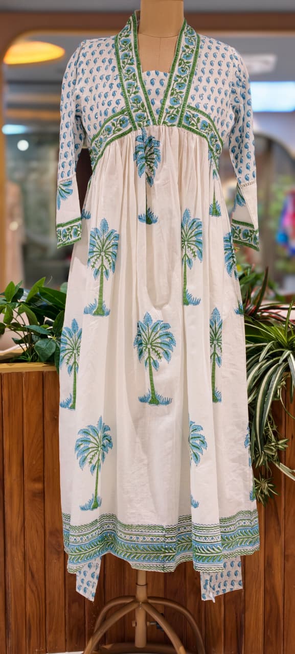 Elegant V-Neckline Alia-Cut Soft Cotton Anarkali Full Suit Set With Floral Block Prints- 15834, 15835