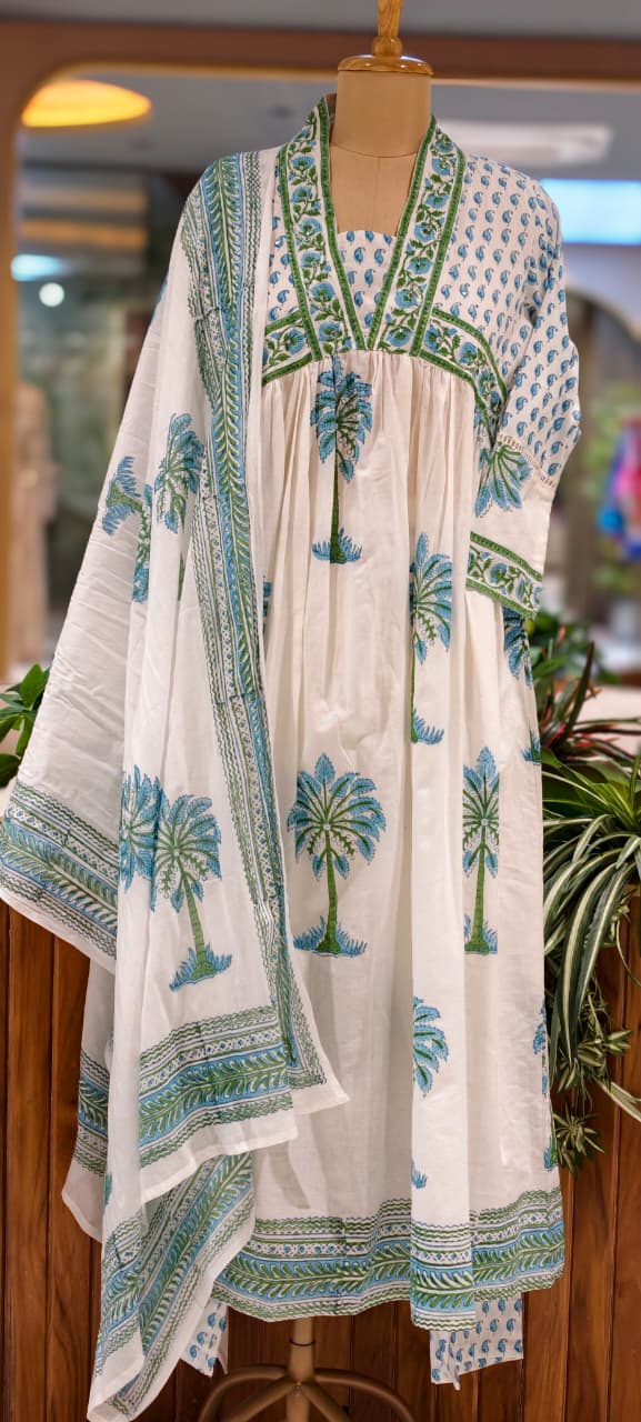 Elegant V-Neckline Alia-Cut Soft Cotton Anarkali Full Suit Set With Floral Block Prints- 15834, 15835