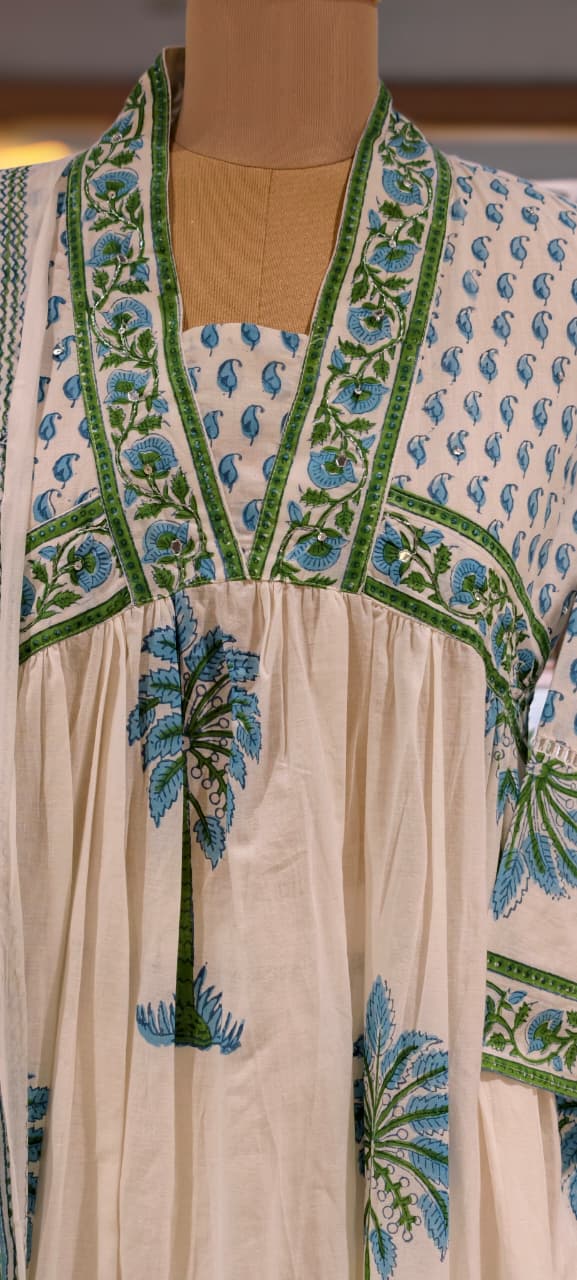 Elegant V-Neckline Alia-Cut Soft Cotton Anarkali Full Suit Set With Floral Block Prints- 15834, 15835
