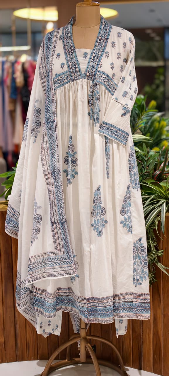 Elegant V-Neckline Alia-Cut Soft Cotton Anarkali Full Suit Set With Floral Block Prints- 15834, 15835