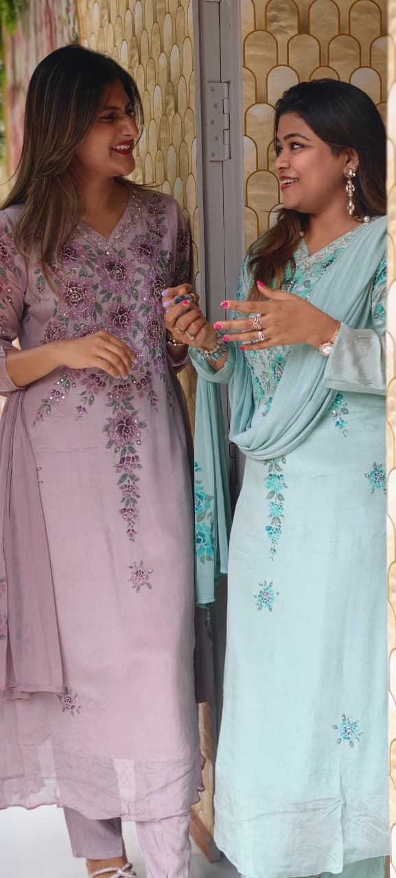 Digital Foral Prints With Elegant Highlighted Detailing Work Chinon A-Line Full Suit Set With Dupatta- 15943
