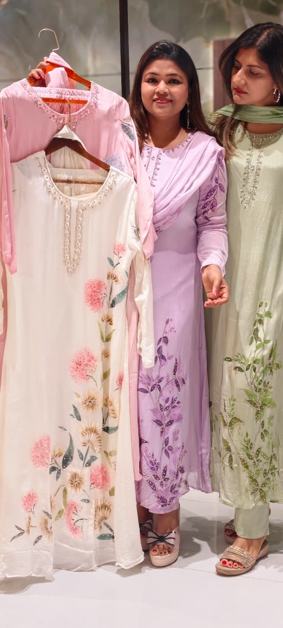 Elegant Digital Graceful Prints Pastel Shade Chinon A-Line Full Suit Set With Chiffon Dupatta- 15952, 15938