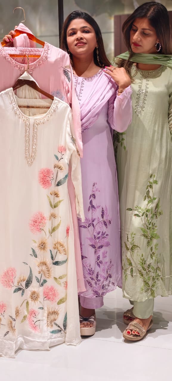 Elegant Digital Graceful Prints Pastel Shade Chinon A-Line Full Suit Set With Chiffon Dupatta- 15952, 15938