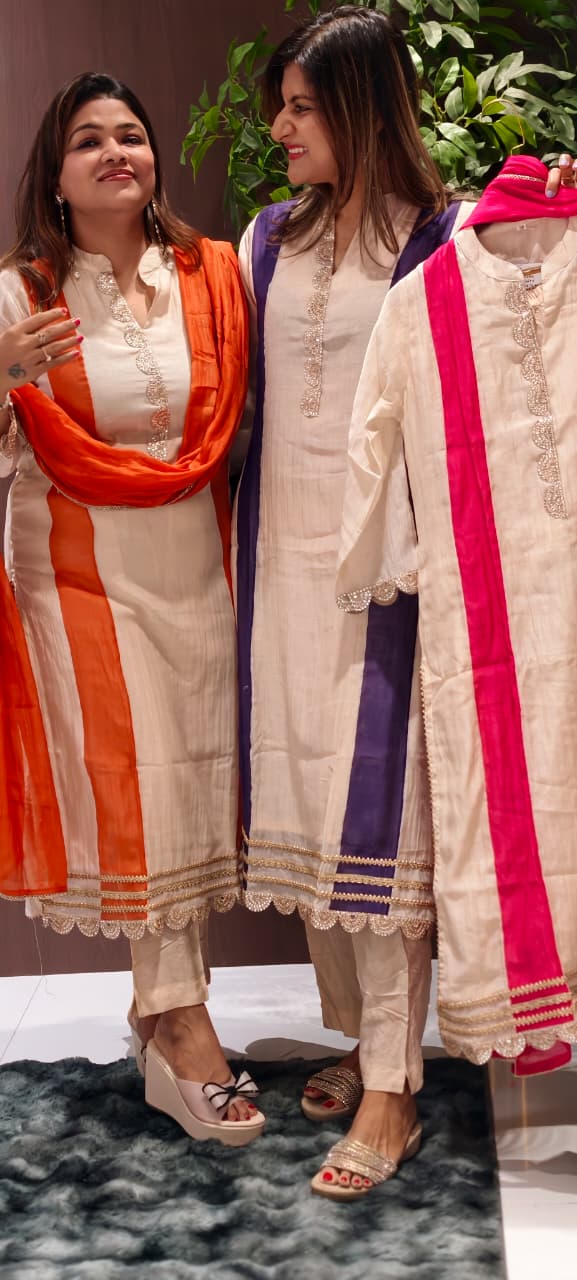 Elegant Minimal Neckline Banarasi Mul-Chanderi Striped Elegance Straight Full Suit Set With Dupatta- 15935