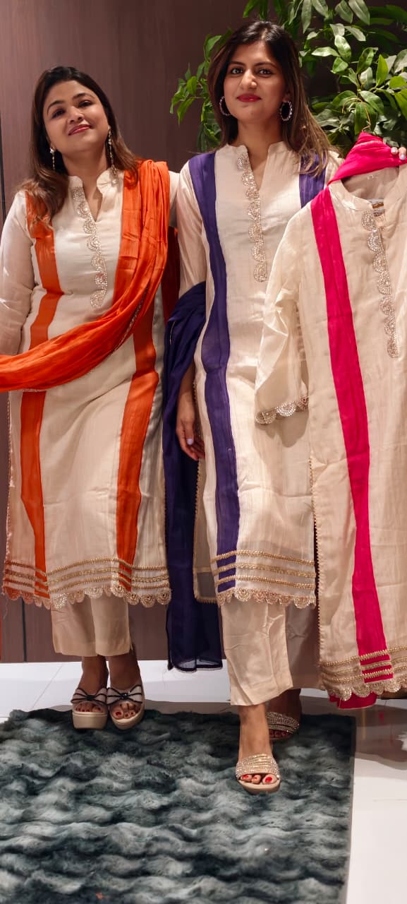 Elegant Minimal Neckline Banarasi Mul-Chanderi Striped Elegance Straight Full Suit Set With Dupatta- 15935