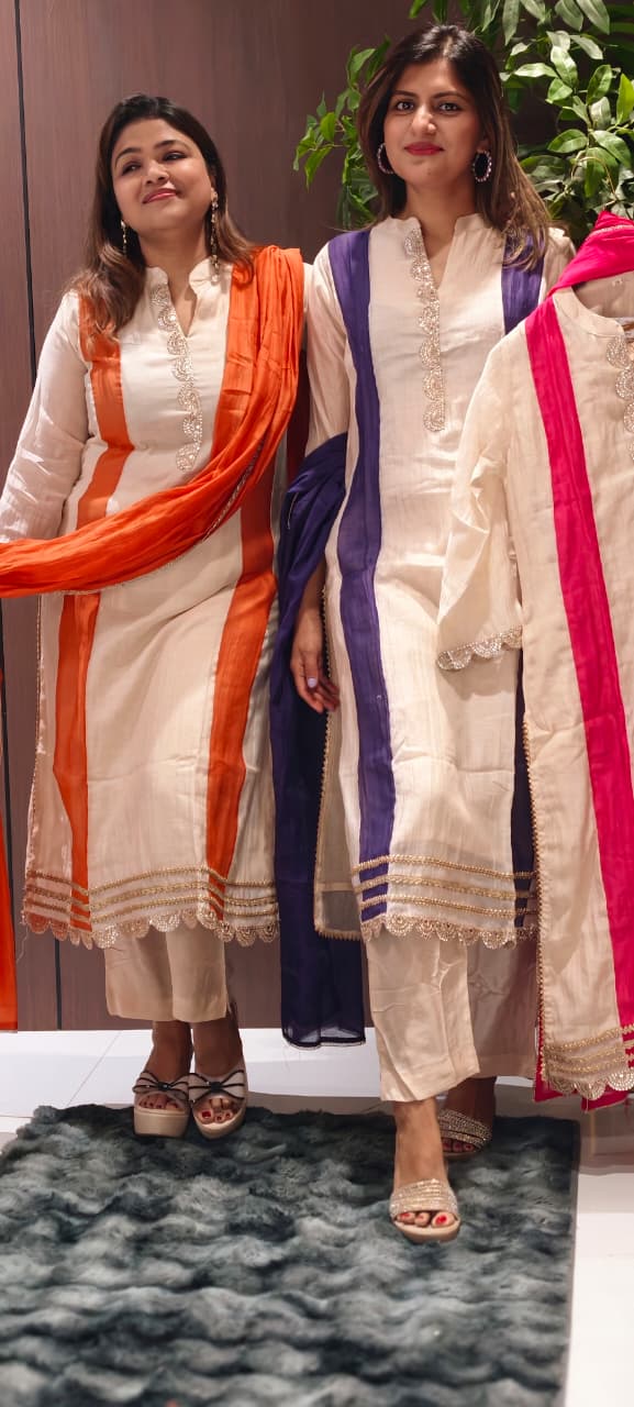 Elegant Minimal Neckline Banarasi Mul-Chanderi Striped Elegance Straight Full Suit Set With Dupatta- 15935