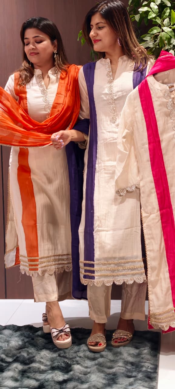 Elegant Minimal Neckline Banarasi Mul-Chanderi Striped Elegance Straight Full Suit Set With Dupatta- 15935