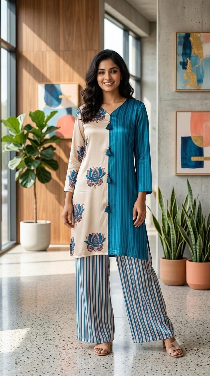 Blue & White Dual Tone Lotus Inspired Print Flowy Crepe Co-Ord Set- 15377