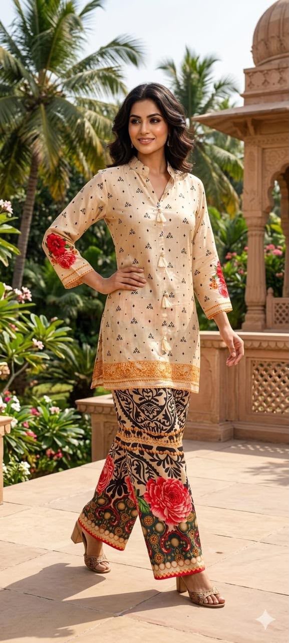 Digital Floral Multi Printed Tassel Accent Mandarin Collared Crepe Co-Ord Set- 15239