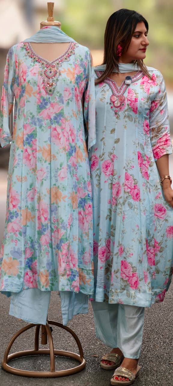 Spring Graceful Floral Printed Beautiful Neckline Panel Anarkali Full Suit Set With Dupatta In Chinon Fabric- 15960, 15962