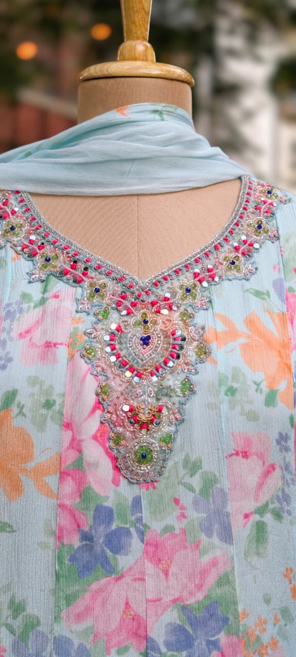 Spring Graceful Floral Printed Beautiful Neckline Panel Anarkali Full Suit Set With Dupatta In Chinon Fabric- 15960, 15962