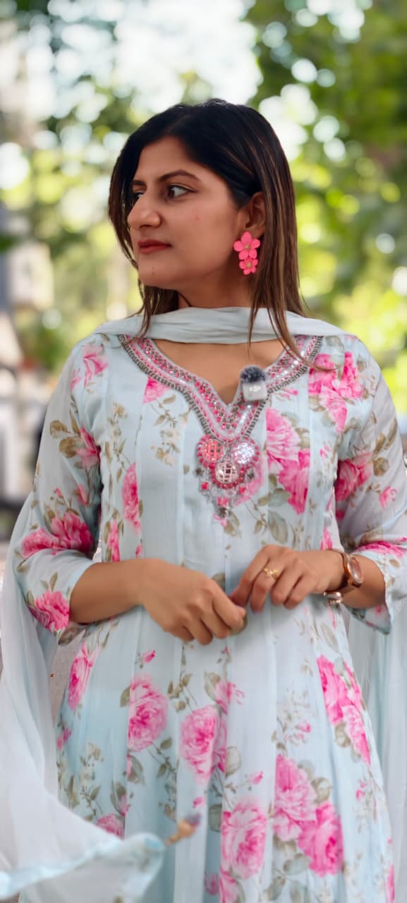 Spring Graceful Floral Printed Beautiful Neckline Panel Anarkali Full Suit Set With Dupatta In Chinon Fabric- 15960, 15962