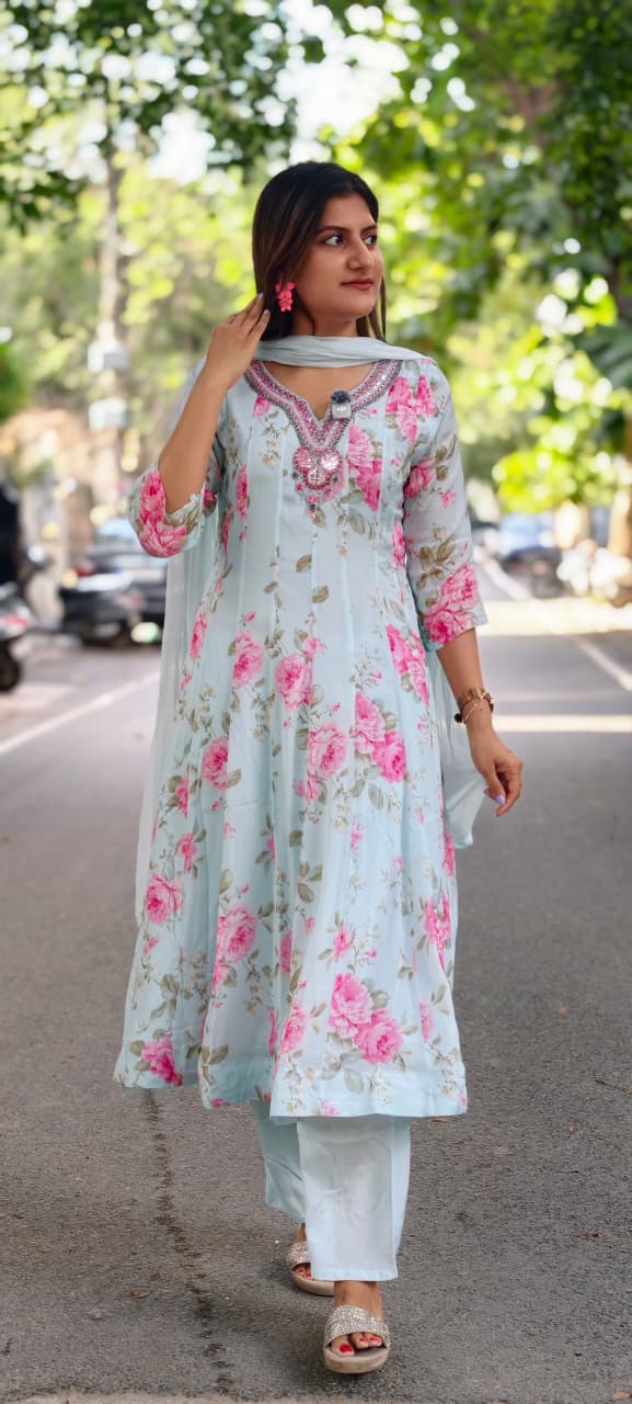 Spring Graceful Floral Printed Beautiful Neckline Panel Anarkali Full Suit Set With Dupatta In Chinon Fabric- 15960, 15962