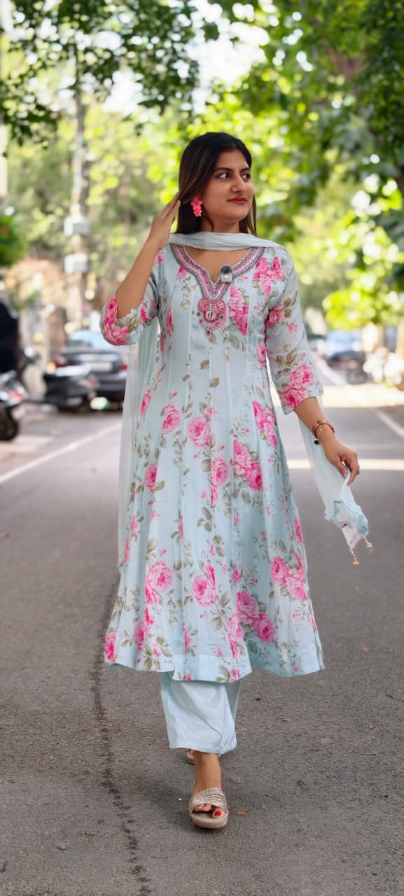 Spring Graceful Floral Printed Beautiful Neckline Panel Anarkali Full Suit Set With Dupatta In Chinon Fabric- 15960, 15962