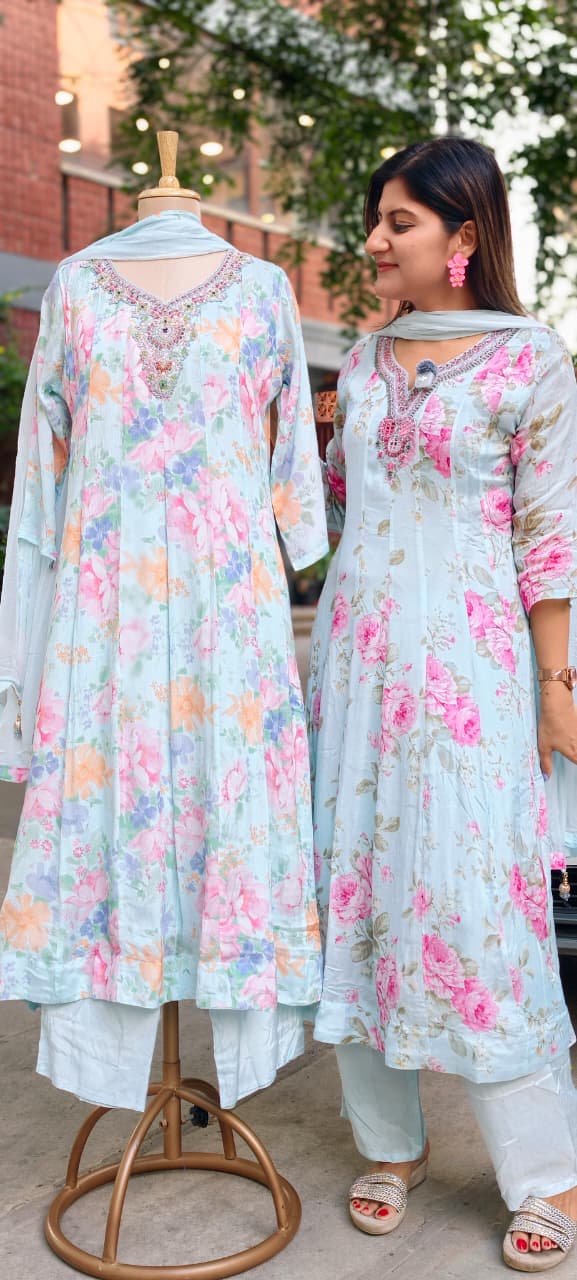 Spring Graceful Floral Printed Beautiful Neckline Panel Anarkali Full Suit Set With Dupatta In Chinon Fabric- 15960, 15962