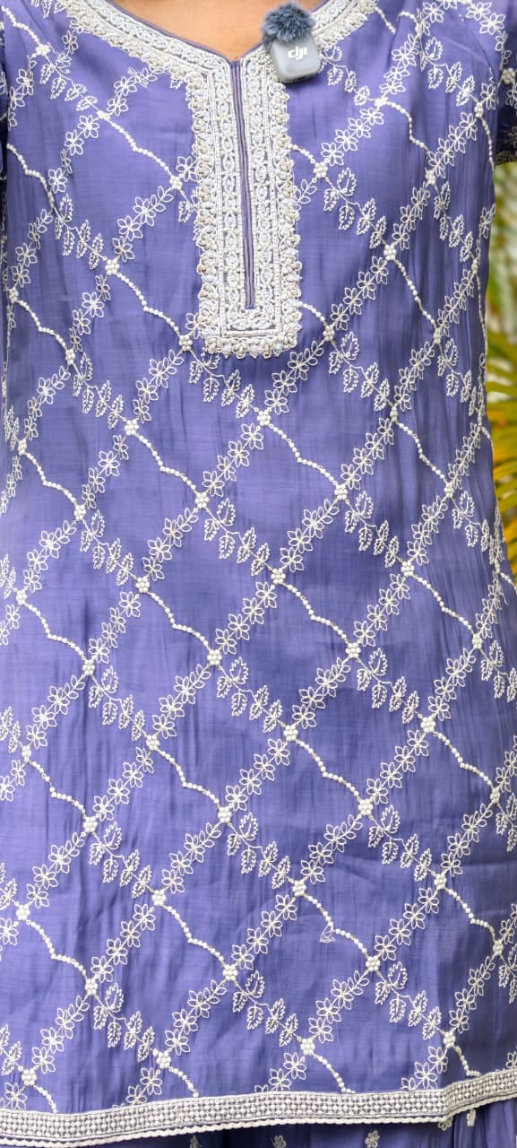 Elegant Cut-Dana Work Assymmetric Embroidered Short Length Kurti With Flared Palazzo Bottom & Dupatta- 15896