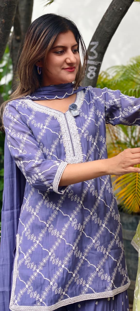 Elegant Cut-Dana Work Assymmetric Embroidered Short Length Kurti With Flared Palazzo Bottom & Dupatta- 15896