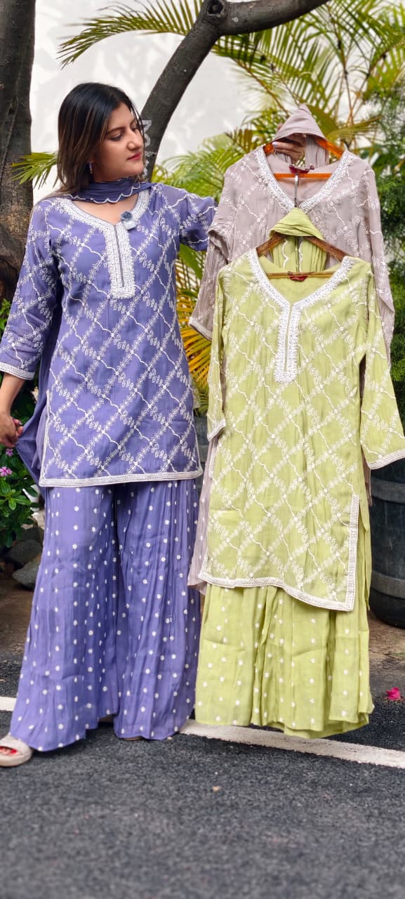 Elegant Cut-Dana Work Assymmetric Embroidered Short Length Kurti With Flared Palazzo Bottom & Dupatta- 15896