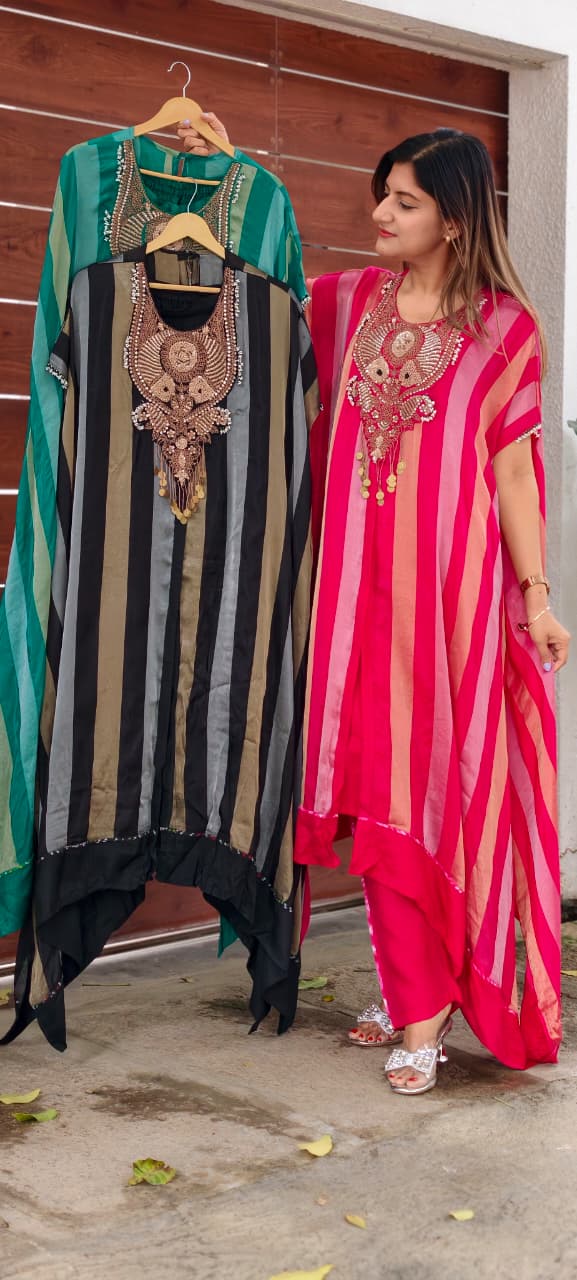 Zardozi Dabka Embroidery 3D textured Yoke Stripe Elegance Oversized Kaftan Style Outer With Separate Inner & Matching Bottom- 16013