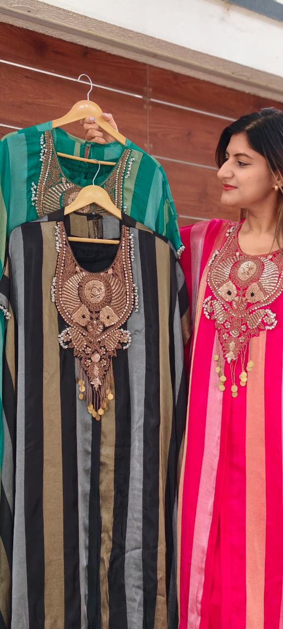 Zardozi Dabka Embroidery 3D textured Yoke Stripe Elegance Oversized Kaftan Style Outer With Separate Inner & Matching Bottom- 16013