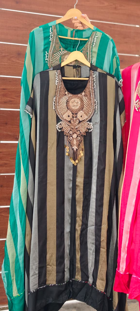 Zardozi Dabka Embroidery 3D textured Yoke Stripe Elegance Oversized Kaftan Style Outer With Separate Inner & Matching Bottom- 16013