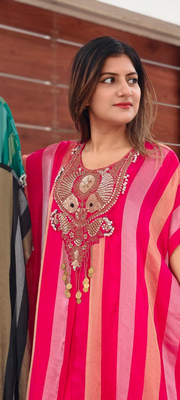 Zardozi Dabka Embroidery 3D textured Yoke Stripe Elegance Oversized Kaftan Style Outer With Separate Inner & Matching Bottom- 16013