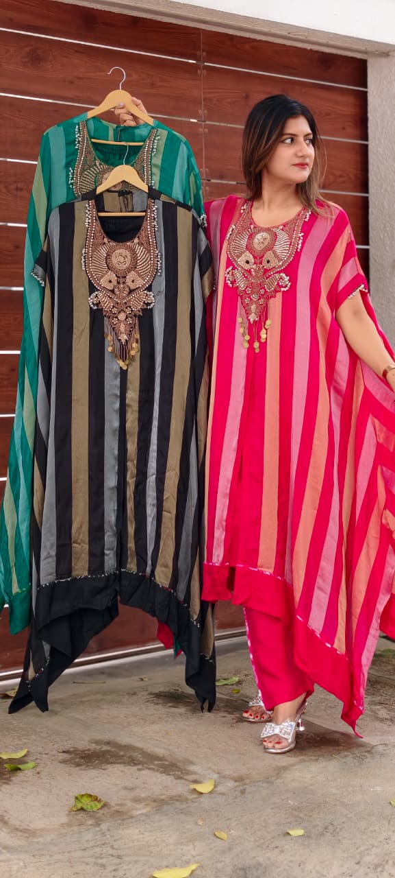 Zardozi Dabka Embroidery 3D textured Yoke Stripe Elegance Oversized Kaftan Style Outer With Separate Inner & Matching Bottom- 16013