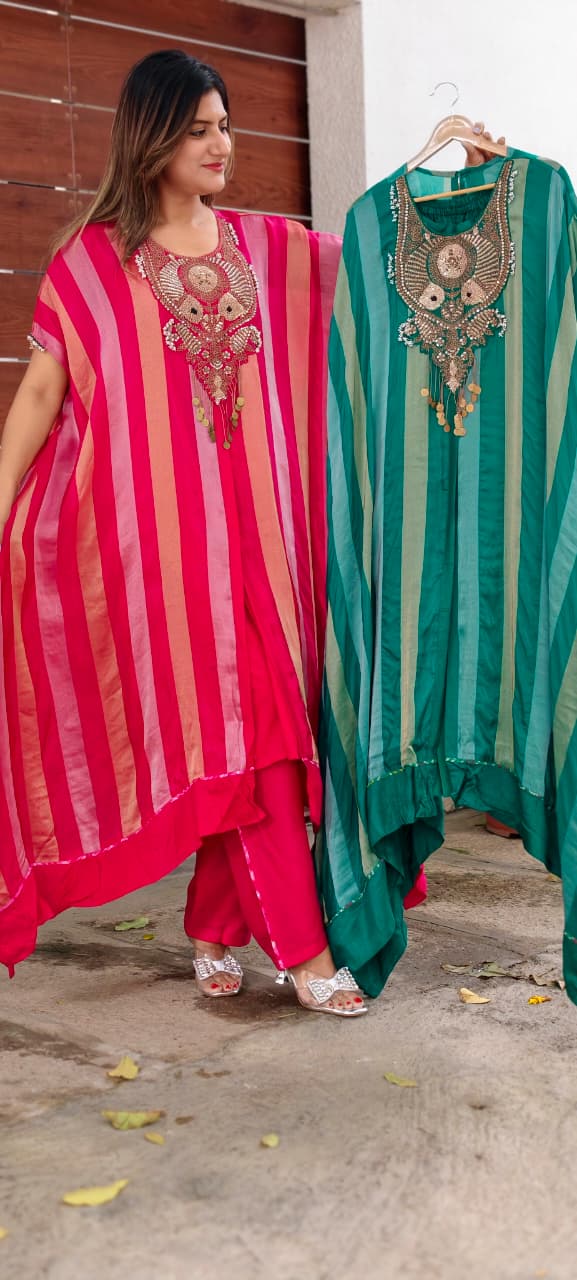 Zardozi Dabka Embroidery 3D textured Yoke Stripe Elegance Oversized Kaftan Style Outer With Separate Inner & Matching Bottom- 16013