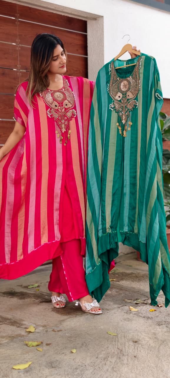 Zardozi Dabka Embroidery 3D textured Yoke Stripe Elegance Oversized Kaftan Style Outer With Separate Inner & Matching Bottom- 16013