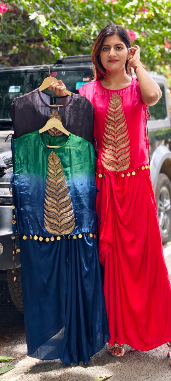 Fine Metallic Leaf Patterns Embroidery Coin Latkan Ombre Dye Indo-Wear Top With Matching Drape Skirt- 16011