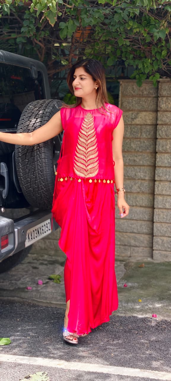 Fine Metallic Leaf Patterns Embroidery Coin Latkan Ombre Dye Indo-Wear Top With Matching Drape Skirt- 16011