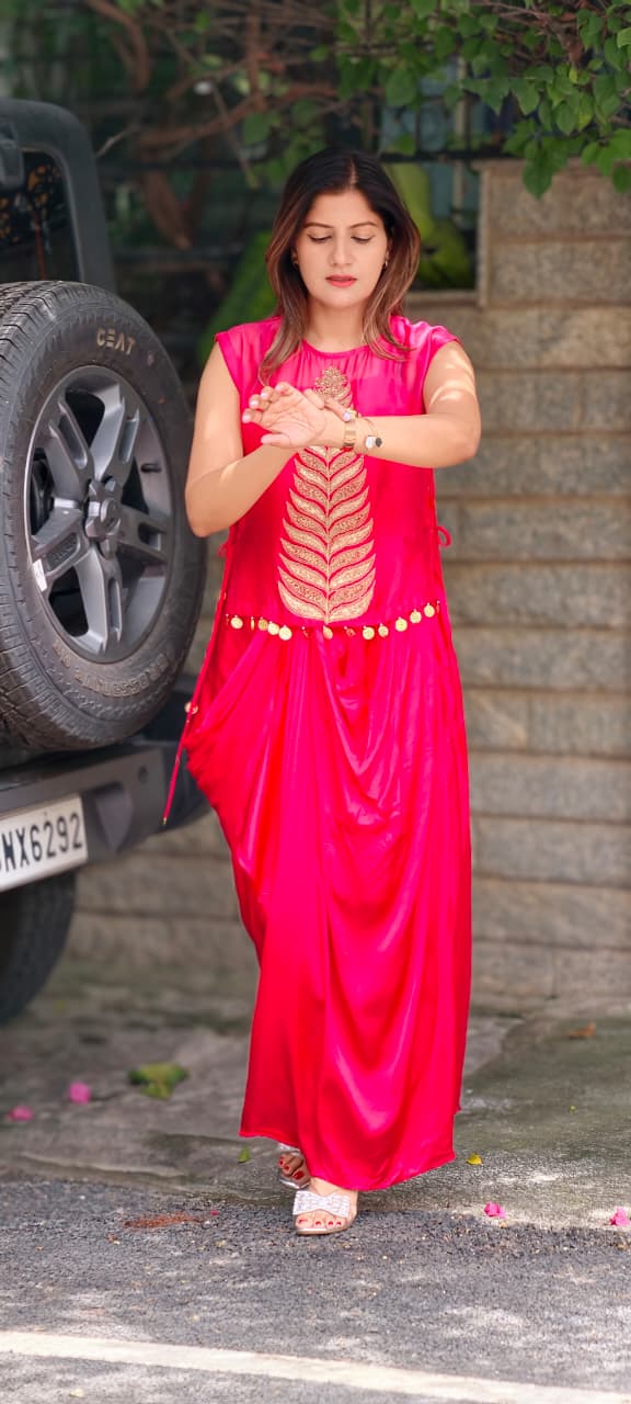 Fine Metallic Leaf Patterns Embroidery Coin Latkan Ombre Dye Indo-Wear Top With Matching Drape Skirt- 16011