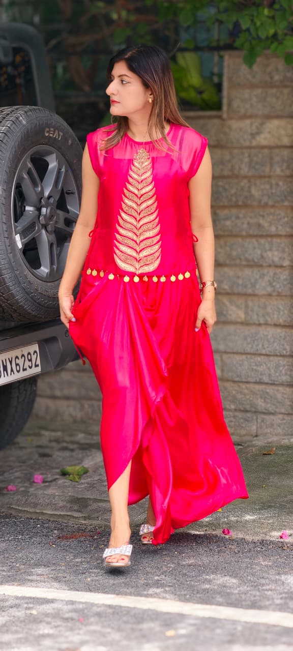 Fine Metallic Leaf Patterns Embroidery Coin Latkan Ombre Dye Indo-Wear Top With Matching Drape Skirt- 16011